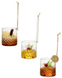 Cocktail shaped ornament. Crafted in the shape of a low ball whiskey glass. One ornament is a tequila sunrise. One ornament is a mudslide. One ornament is an old-fashioned.