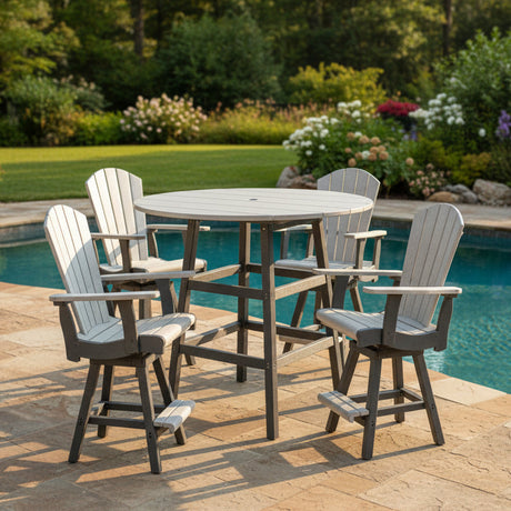 This is a lifestyle image showing this bar height outdoor furniture set on a stone patio next to an inground swimming pool in a nice backyard.