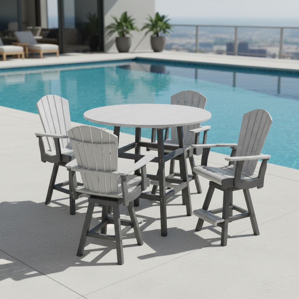 This is a lifestyle image showing this counter height patio furniture set on a cement patio next to an inground swimming pool.
