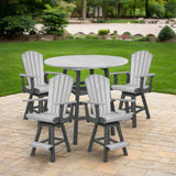 A counter height pub table with four swivel patio chairs in a sunny, Midwestern backyard