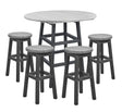 A two-tone light gray and dark gray counter height pub table with four backless barstools