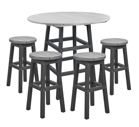 A two-tone light gray and dark gray counter height pub table with four backless barstools