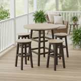 This is a lifestyle image showing a counter height table surrounded by four stools on a wooden balcony with potted plants all around.