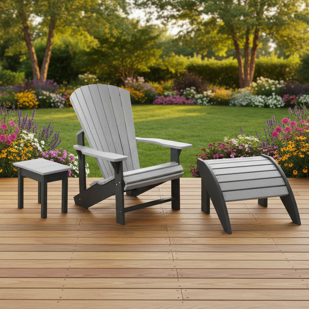 This is a lifestyle image showing the chair, ottoman and side table on a wooden porch in a nice, sunny backyard.