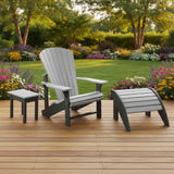 This is a lifestyle image showing the chair, ottoman and side table on a wooden porch in a nice, sunny backyard.