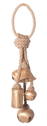This image shows these decorative gold bells hanging from a matching jute rope hanger on a white background.