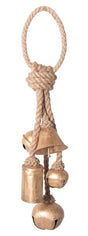 This image shows these decorative gold bells hanging from a matching jute rope hanger on a white background.