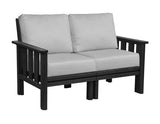 A black frame loveseat couch with gray cushions