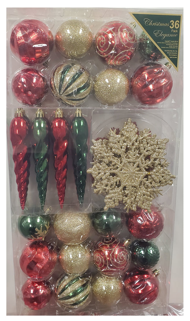 Set of 36 ornaments. One set features all Red ornaments in different sizes, shapes and textures. One set features Red and Gold ornaments in different sizes, shapes and textures. One set features Red, Green and Gold ornaments in different sizes, shapes and textures.