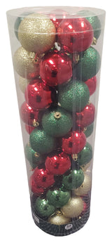 Set of 50 ornaments. One set of ornaments are all Red in different designs and textures. One set of ornaments are Red and Gold in different designs and textures. One set of ornaments are Red, Gold and Green in different designs and textures.