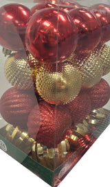 Set of 24 ornaments. This is a pack of red and gold ornaments in different textures. Red shiny ornaments, red glittery ornaments, gold shiny ornaments in different textures.