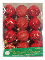 Set of 24 ornaments. This is a pack of red ornaments in different textures. Red ornaments in different textures, some of them have glitter on them.