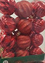 Set of 24 ornaments. This is a pack of red ornaments in different textures. Red ornaments in different textures, some of them have glitter on them.