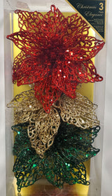 Clip on ornaments. One set of three features all red poinsettias. One set of three feature two red poinsettias and one green poinsettia. One set of three features two red poinsettias and one gold poinsettia. One set of three features one red, one gold and one green poinsettia.