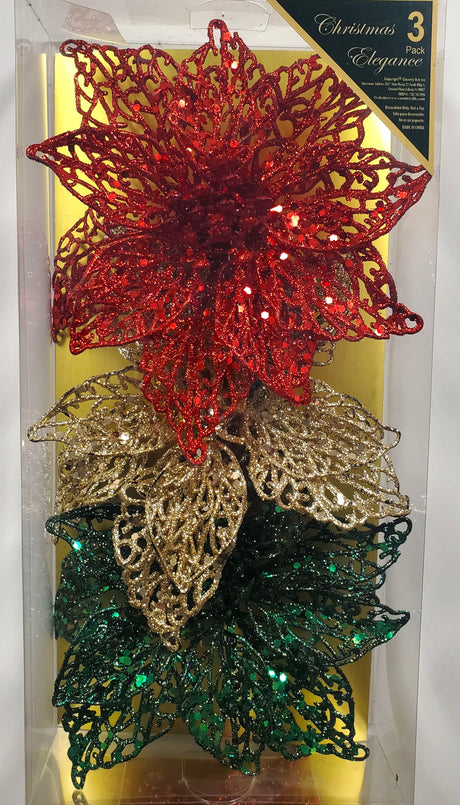 Clip on ornaments. One set of three features all red poinsettias. One set of three feature two red poinsettias and one green poinsettia. One set of three features two red poinsettias and one gold poinsettia. One set of three features one red, one gold and one green poinsettia.