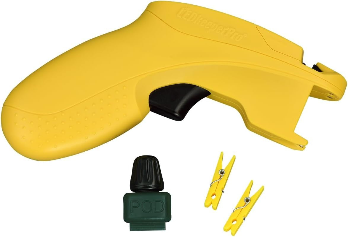 This image shows the yellow LED Keeper Pro on a white background, as well as the universal replacement pod and place markers.