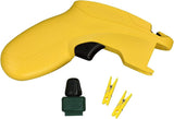 This image shows the yellow LED Keeper Pro on a white background, as well as the universal replacement pod and place markers.