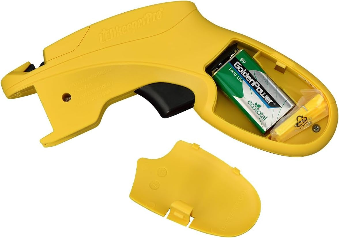 This image shows the yellow LED Keeper Pro on a white background. The bottom part is open to show the 9V battery inside.