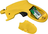 This image shows the yellow LED Keeper Pro on a white background. The bottom part is open to show the 9V battery inside.