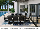 Resin patio dining set on a modern, outdoor patio next to a large in-ground pool