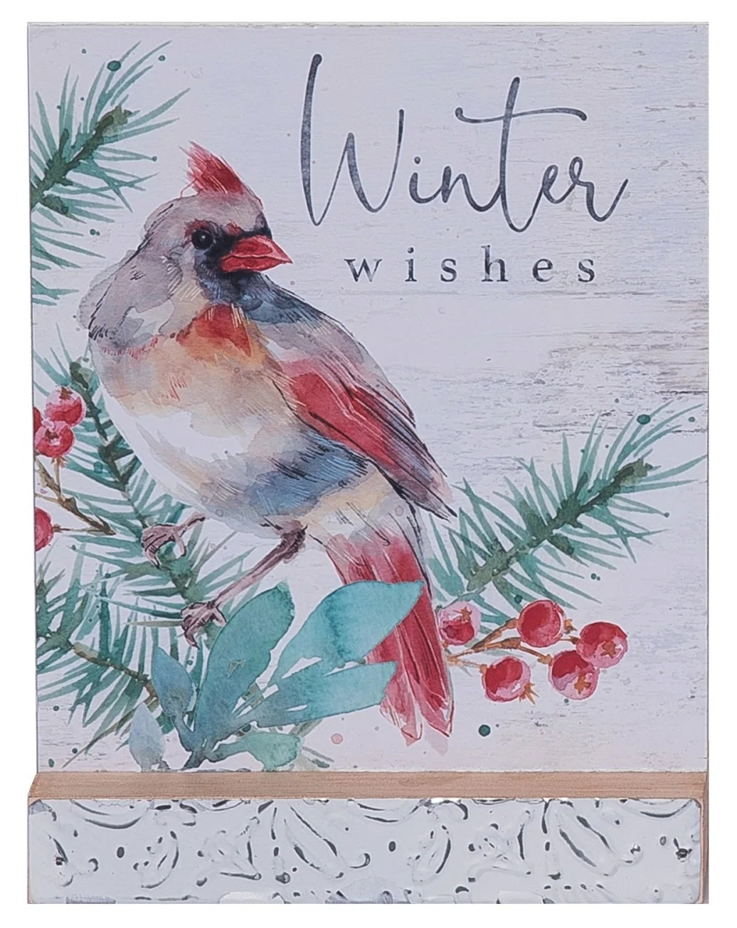 This image shows a female cardinal on a pine branch decorated with berries. It reads "Winter Wishes."