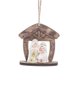Wooden Nativity Scene ornament with miniature figurines.