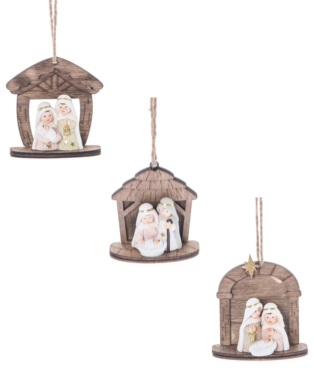 Wooden Nativity Scene ornament with miniature figurines.