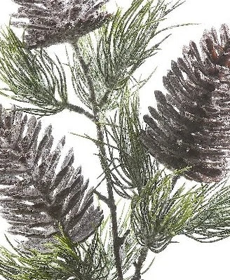 Pick spray designed to look like a stem with pine needles and three pine cones. Designed to look like this vase filler is lightly covered in snow.