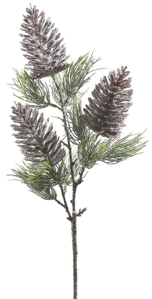 Pick spray designed to look like a stem with pine needles and three pine cones. Designed to look like this vase filler is lightly covered in snow.