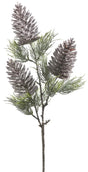 Pick spray designed to look like a stem with pine needles and three pine cones. Designed to look like this vase filler is lightly covered in snow.