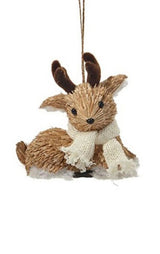 Ornament designed to look like a deer wearing a white scarf. One ornament is a deer lying down. One ornament is a deer standing up.