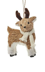 Ornament designed to look like a deer wearing a white scarf. One ornament is a deer lying down. One ornament is a deer standing up.