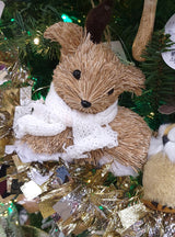 Ornament designed to look like a deer wearing a white scarf. One ornament is a deer lying down. One ornament is a deer standing up.