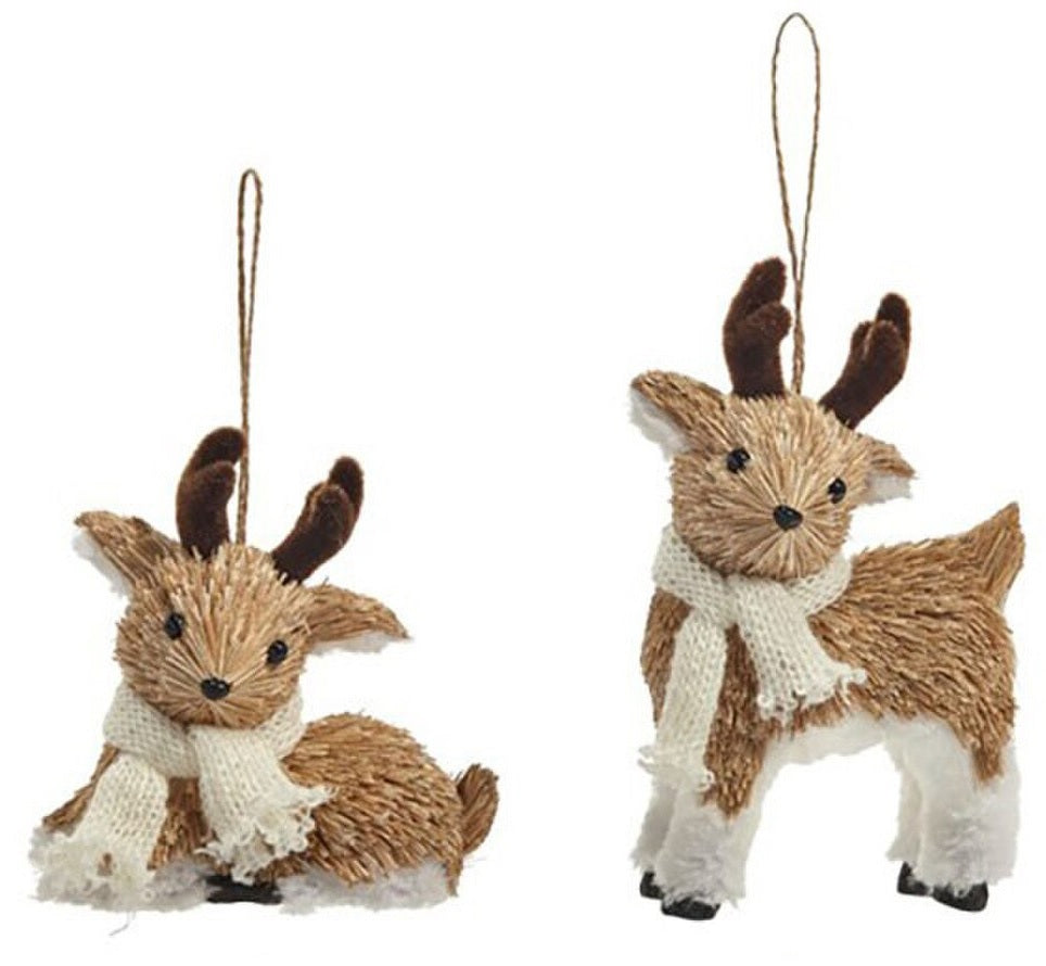Ornament designed to look like a deer wearing a white scarf. One ornament is a deer lying down. One ornament is a deer standing up.