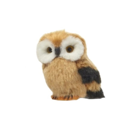 Fluffy ornament shaped like an owl. One is tan, one is brown and one is grey.