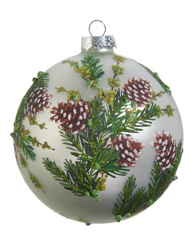 Silver bauble with greenery and pine cone accents.