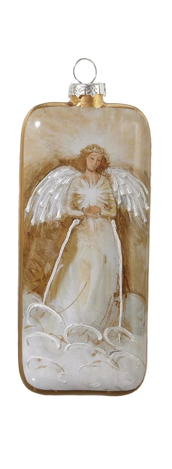 Ornament with a painted angel in some clouds.