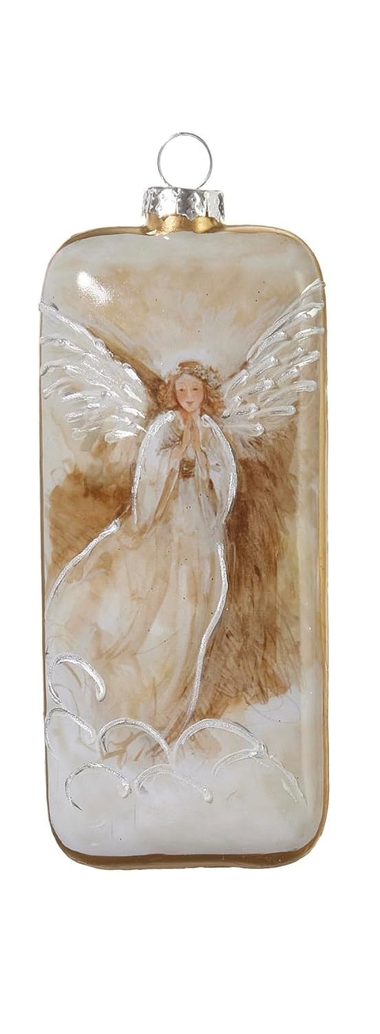 Ornament with a painted angel in some clouds.