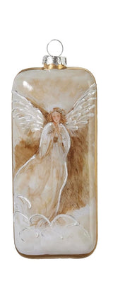 Ornament with a painted angel in some clouds.