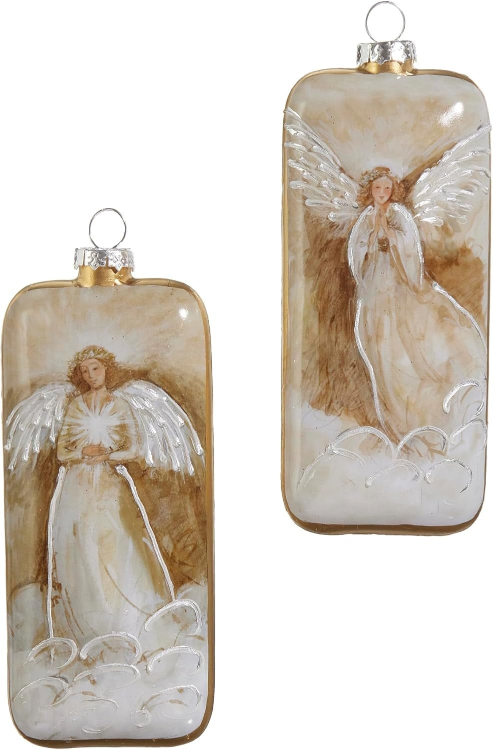 Ornament with a painted angel in some clouds.