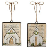 Each ornament features a background printed with sheet music; there are two options. One ornament has the sheet music for "Oh Holy Night" and a chapel with a garland at the steeple. One ornament has the sheet music for "Silent Night" and a chapel with a wreath at the steeple.
