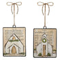 Each ornament features a background printed with sheet music; there are two options. One ornament has the sheet music for "Oh Holy Night" and a chapel with a garland at the steeple. One ornament has the sheet music for "Silent Night" and a chapel with a wreath at the steeple.