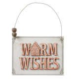 Ornament shaped like a holiday sign. One sign reads "Warm Wishes." One sign reads "Gingerbread Baking Company. Bread, Cookies, Cakes, Pies." Each sign has a dainty border and small wooden beads on the wire holder.