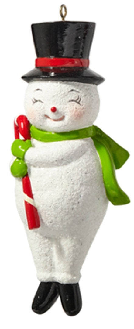 Ornament shaped like a smiling snowman wearing a black top hat. One snowman is waving and holding a wreath. One snowman has his eyes closed and is holding a candy cane.