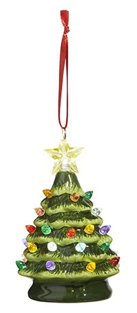 Light up Christmas decoration. Ornament shaped like a decorated tree with a star on top. Lights on the tree are multi-colored.