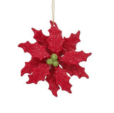 Ornament shaped like holly leaves with berries in the center. There are two color options. This one features red leaves with lime green berries in the center.