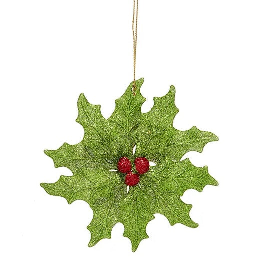 Ornament shaped like holly leaves with berries in the center. There are two color options. This option features lime green holly leaves with red berries in the center.