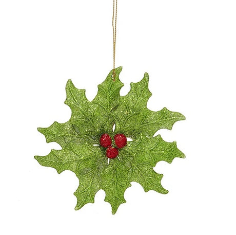 Ornament shaped like holly leaves with berries in the center. There are two color options. This option features lime green holly leaves with red berries in the center.