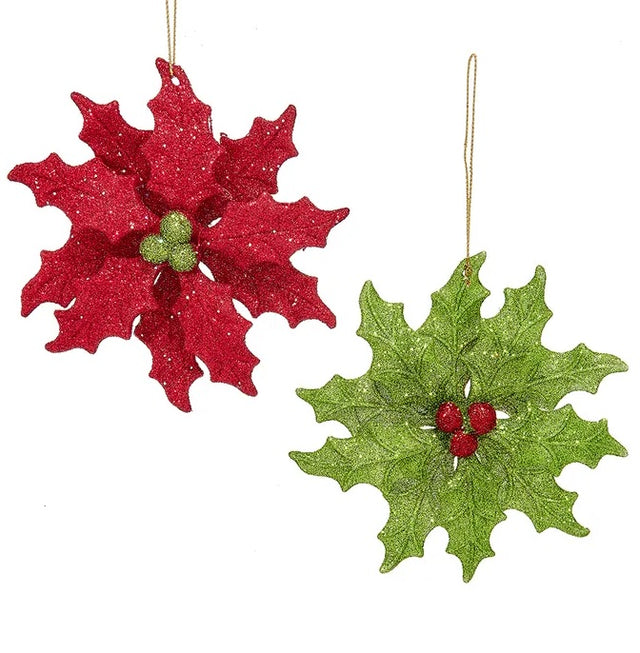 Ornament shaped like holly leaves with berries in the center. There are two color options. One features red leaves with lime green berries in the center. The other option features lime green holly leaves with red berries in the center.