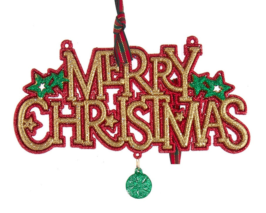 Christmas hanging ornament. Reads "Merry Christmas" in gold glitter. One ornament has red glitter around the text and features green stars with a green dangle. One ornament has green glitter around the text and features red stars with a red dangle.